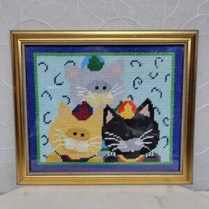 Vintage Needlepoint Cat Art Kittens Gold Frame Whimsical Folk Art Wall Decor